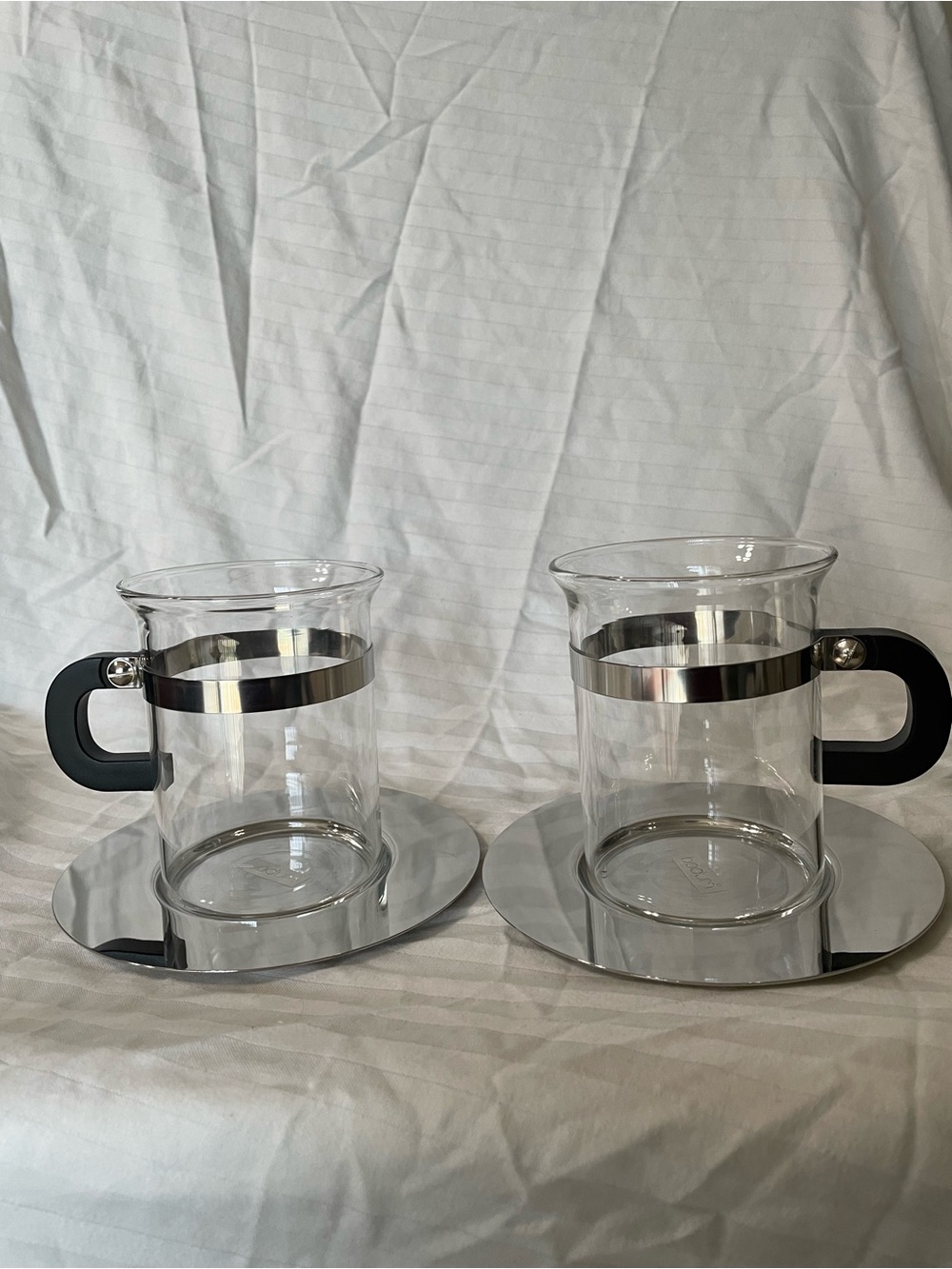 Bodum Clear Glass Cups with Stainless Steel Bands and Black Handles - Set of 2